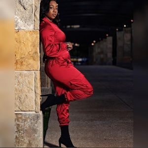Red Satin High Waist Cargo Pants